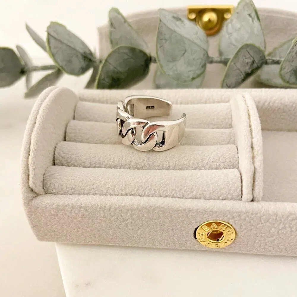 925 Sterling Silver Chunky Ring Curb Chain Ring Thick Wide Ring Band Bold Ring - Picture 7 of 11